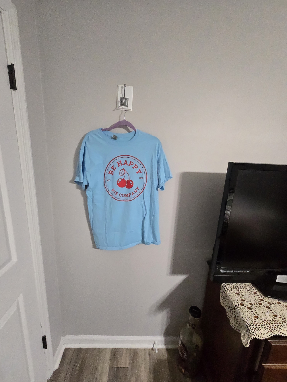Gildan Light Blue Tee with Red Cherry 'Be Happy' Graphic